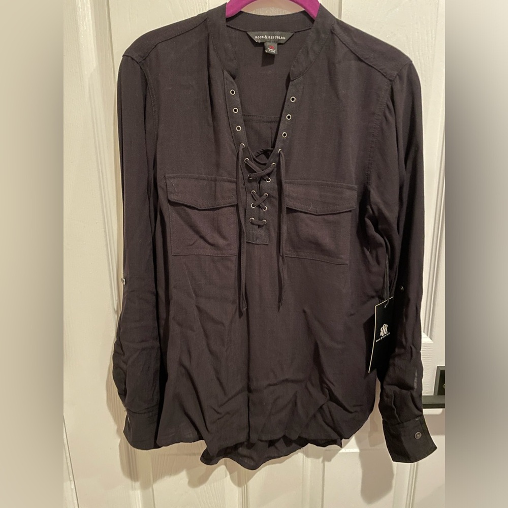 NWT Rock And Republic Lace Up Tunic, V-neck, XS, Black
